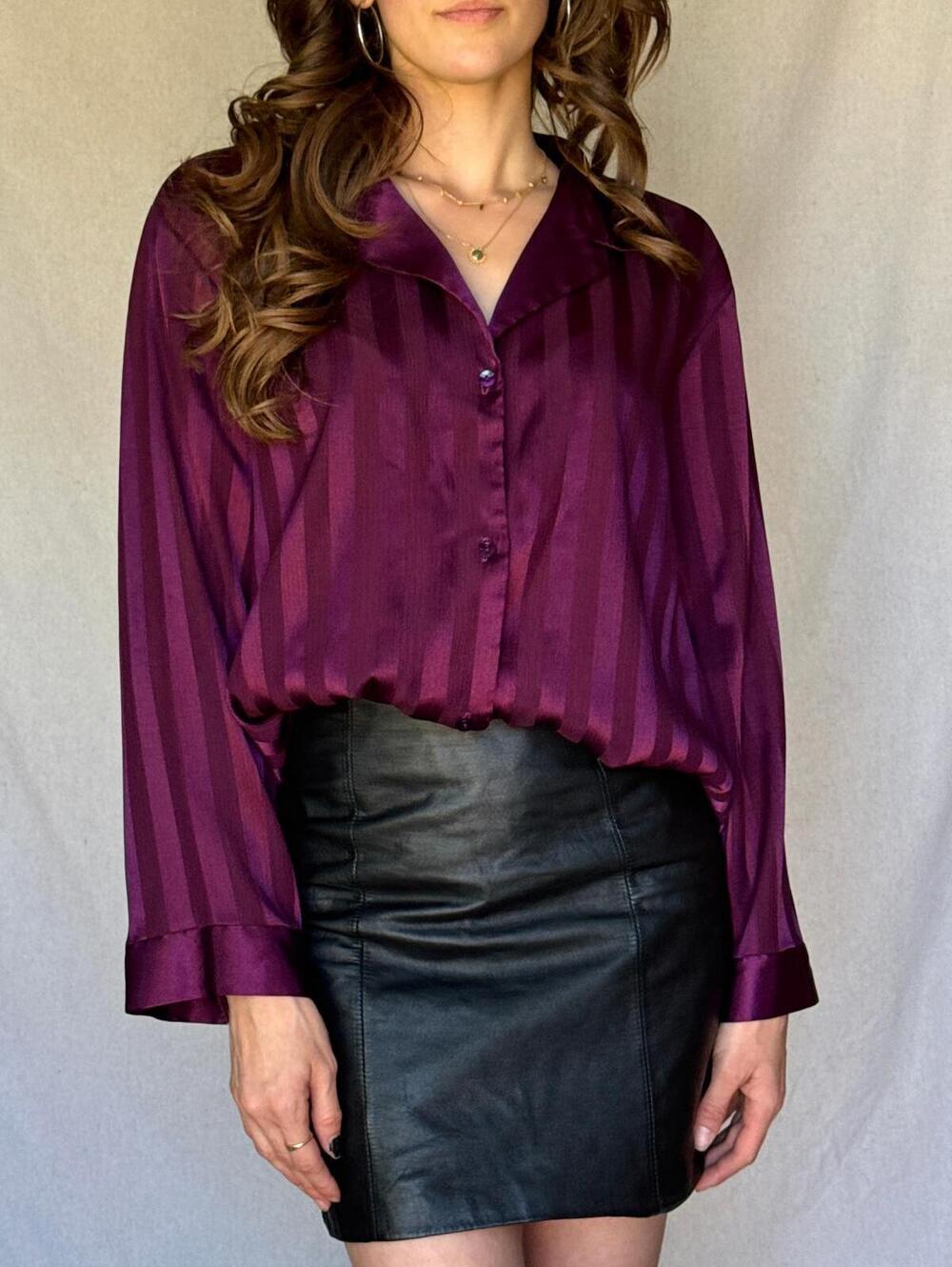 90s Cabernet Red Satin Striped Button Up Blouse